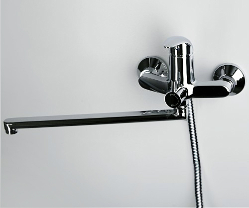 WASSER KRAFT Isen 2602L Смеситель для ванны с длинным поворотным изливом L излива-350mm(от стены-408mm).Шланг металлический 1500 мм,Лейка 3-функциональная с системой защиты от известковых отложений,Фиксированное настенное крепление для душа